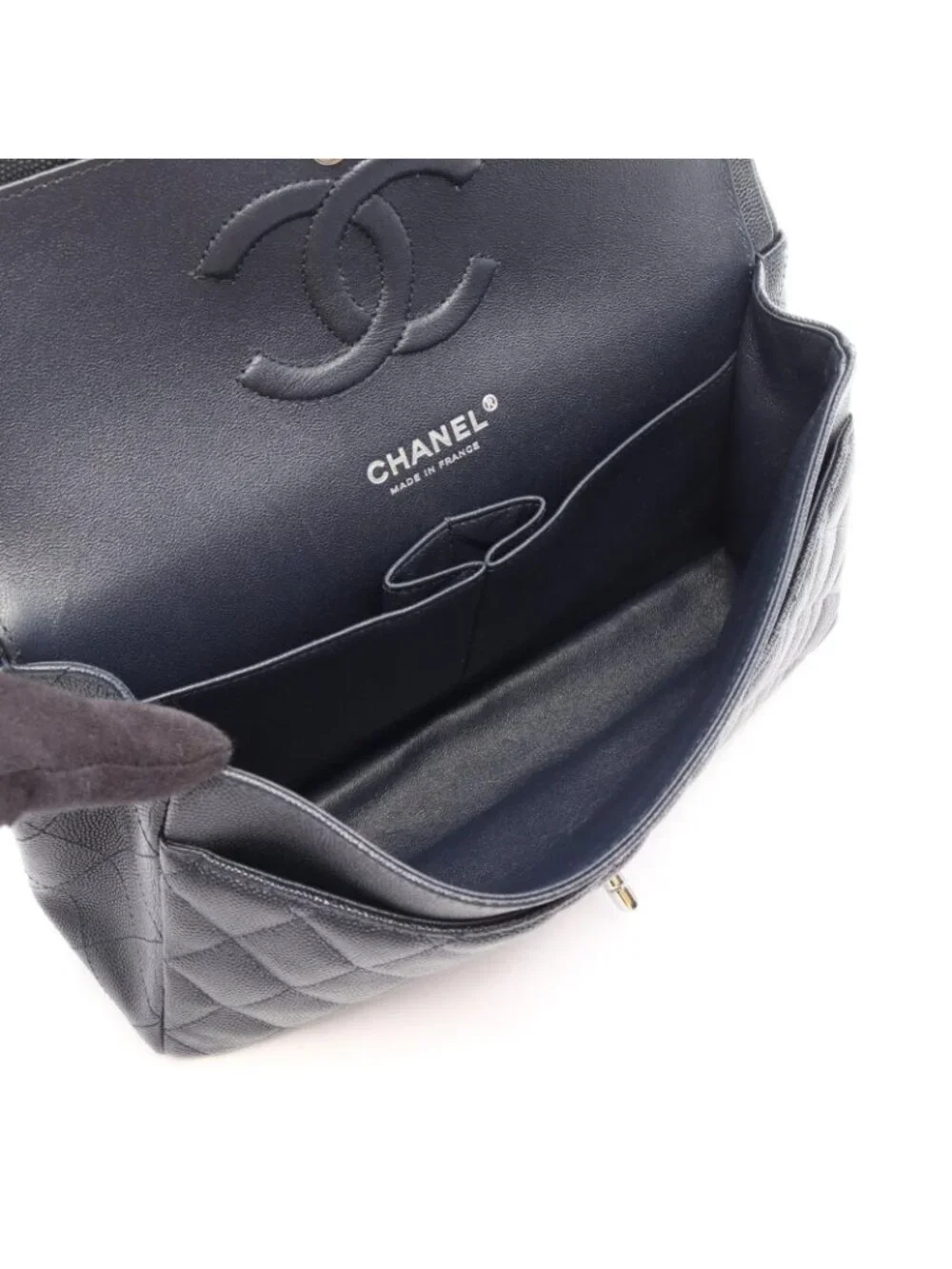 Chanel Shoulder Bag Quilted Double Flap Navy Caviar Leather Chain